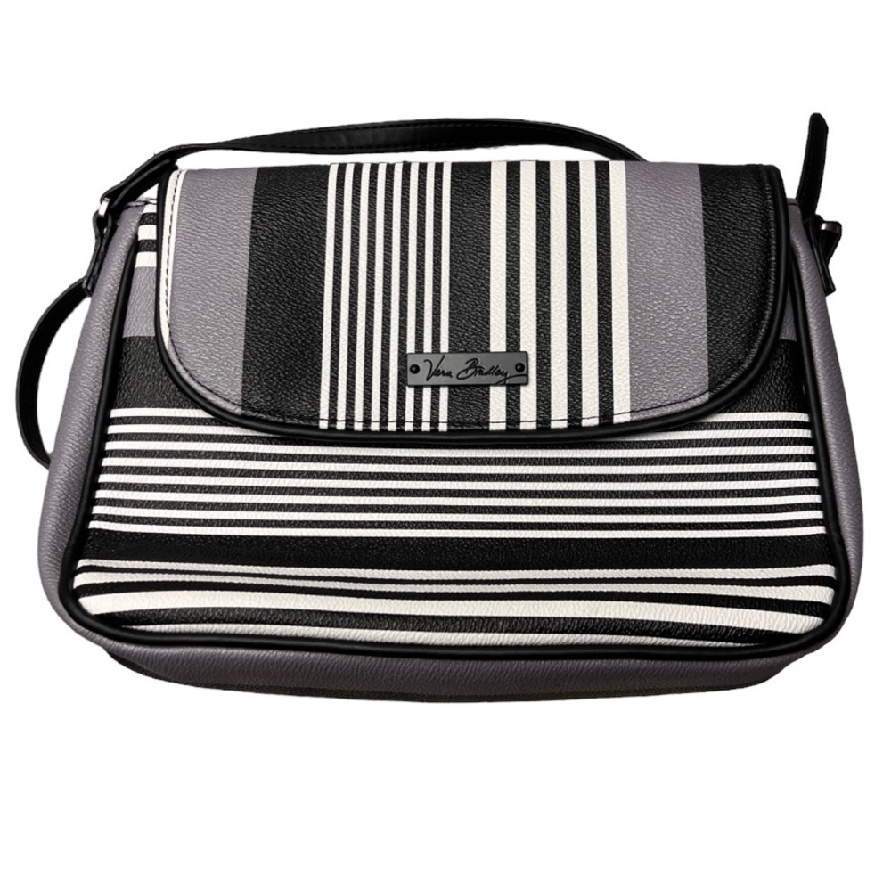 Vera Bradley Midnight *Black Gray-White-Stripe Crossbody Handbag NWOT
